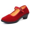 Zapatos de Tela de Estilo Nuevo del Viejo Beijing con Tacones Gruesos, Zapatos de Boda Rojo Brillante, Zapatos de Mujer con Hebilla de Punta Redonda Baja, Zapatos para Baile Cuadrado