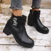 Botines de Cuero Nuevos de Invierno 2025, Punta Redonda, con Forro de Lana, Suela Gruesa, Tacón Grueso, Botas de Algodón, Venta Directa del Fabricante, Comercio Exterior, Zapatos de Mujer Transfronterizos