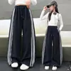 Calça de Moletom Esportiva de Outono para Meninas Calça de Perna Larga Crianças Pequenas e Grandes Estilo Coreano Listrada Casual Longa Solta Versátil Tendência