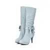 Exportación de fábrica 2016 nuevas botas de tacón alto de caña alta con lazo dulce, tacón grueso, punta redonda, disponibles en varios tamaños, botines Martin para mujer