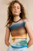 Bestseller transfronterizo europeo y americano: Top de malla con estampado degradado de vista al mar para mujer, cuello redondo, elástico, ajustado, camiseta base sexy