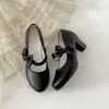 Sapatos Femininos Pretos Retro Franceses de Salto Alto Bloco Baixo 2026 Novo Outono Versátil Aumenta-Altura Bico Redondo Mary Janes