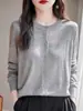 Cardigã de Tricô Lyocell Lã Verão e Outono Novo Camisa de Ar Condicionado Manga Longa Feminina Top Cor Sólida Peça Externa Fina