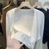 Cardigan de Tricô de Seda de Gelo Curto Branco com Proteção Solar para Mulheres, Saia de Alça Fina de Verão com Jaqueta Blusa de Renda na Cintura