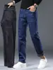 Jeans Clássico de Luxo Leve Forrado com Lã Masculino Outono e Inverno Elástico Business Casual para Meia-idade Quente Espesso Calças de Perna Reta