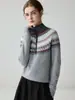 Nueva colección de otoño e invierno: suéter de cachemira pura para mujer, con un diseño de patrón Fair Isle, más grueso, de medio botón y cuello alto, y un tejido cálido con capa interior