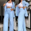 Traje de Mujer Elegante Europeo y Americano de Comercio Exterior 2024 Color Sólido Mangas Divididas Solapa Bolsillo Pantalón Recto