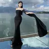 Atuendo de Viaje a Xinjiang Estilo Vacaciones en el Desierto Vestido sin Tirantes Bloque de Color Ceñido a la Cintura Vestido Largo Hueco para Mujer