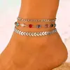 Conjunto de tornozeleiras de corrente com cristal de coração colorido minimalista transfronteiriço europeu e americano, acessório de pé de corrente de metal torcido da moda