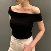 Corea del Sur Elegante Verano Elegante Pequeño Sexy Cuello Bardot Ajustado Adelgazante Rayado Manga Corta Suéter