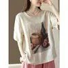 Nova Camiseta Casual Versátil de Verão com Estampa Retrô, Algodão e Linho Soltinho, Gola Redonda, Manga Curta, Emagrecedora