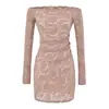 Vestido bodycon de encaje con mangas largas y hombros descubiertos para mujer, vestido de encaje sexy ajustado a la cintura, vestido ajustado para fiesta de noche