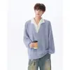Sudadera de punto transpirable con cuello vuelto de manga larga para hombre, estilo retro americano, falsa de dos piezas, corte holgado, marca de moda, patrón de rombos huecos para primavera y otoño