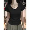 Camiseta de Manga Corta de Algodón Puro con Cuello Redondo Estilo Americano para Mujer, Diseño de Verano 2026, Versátil, Corte Regular en Hombros, Cintura Ajustada, Top Capa Interior