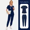 Traje de Cirugía para Mujer Uniforme de Enfermería para Hogar de Ancianos Salón de Belleza Clínica Dental Manga Corta Pantalón Largo Uniforme de Enfermera con Bordado