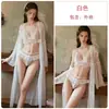 Lencería sexy color rosa encaje transparente caliente conjunto de tres piezas sujetador y braguita con tiras bata exterior conjunto de deseo puro para mujer 5945