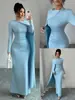 Nuevo Vestido de Fiesta Largo Elegante Azul Cielo Versátil de Punto Plegado Ceñido a la Cintura para Mujer Otoño e Invierno