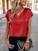 Camiseta de Satén Transfronteriza Europea y Americana de Amazon Primavera y Verano Nueva para Mujer Color Puro Negocios Cuello en V Informal Pulóver Superior para Mujer