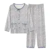 Pijama de Nuevo Estilo 2025 con Almohadillas para el Pecho para Mujer, Algodón Nube Primavera y Otoño Pantalones de Manga Larga Que Se Pueden Usar Fuera de Casa Conjunto de Ropa para el Hogar
