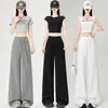 Foto Real de Pantalones Anchos de Capa de Aire para Mujer Primavera/Verano 2025 Cintura Alta Fluidos Adelgazantes Cordón Pierna Recta Deportivos de Longitud Completa