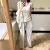Pijama de Rayón para Mujer para Primavera y Otoño con Almohadillas en el Pecho, Chaleco, Cárdigan y Pantalones Largos, Conjunto de Ropa de Casa Casual Simple Delgado de Tres Piezas