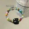 Pulseira de Miçangas Coloridas de Gatinho Fofo com Coração Pulseira Infantil Fofa Cabeça de Gato Preto e Branco Pulseira para Melhores Amigos Casal