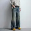 Jeans Azul Largo de Cintura Alta Tendência High Street Estilo Retrô Americano 2026 com Padrão Qi Lin