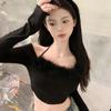 Tops de Chica Caliente 2024 Suéter de Mujer Diseño Pin Halter Hombro Descubierto Cuello de Piel Cintura Alta Manga Larga Suéter de Mujer