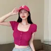 Foto real suéter de pitaya gola quadrada manga curta camisa curta doce e picante verde-fruta slim fit top versátil