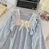 Pijama de Franela para Mujer Otoño e Invierno Encaje Cuello Cuadrado Lazo Cálido Nuevo Pantalón de Manga Larga Conjunto para Estar en Casa