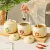 Frascos de cerámica para condimentos, uso doméstico, con tapas y cucharas, recipientes de cocina para sal, azúcar y especias, resistentes al calor, frascos herméticos, recipientes para aceite