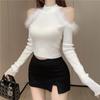 Suéter de punto de manga larga con cuello alto occidental y hombros descubiertos para mujer, moda de otoño, costuras peludas, top blanco corto ajustado para debajo de la ropa