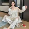 Pijama feminino de manga longa com estampa floral estilo doce francês para uso doméstico, terno com babados para primavera e outono, atacado