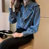 Nova Camisa Jeans Doce Estilo Coreano de Primavera com Babados Feminina Solta Emagrecedora Manga Longa Top Camisa Básica Trbottomy