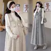 Vestido de Maternidad Otoño Conjunto de Dos Piezas Lentejuelas Finas Brillantes Flores Tridimensionales Chaleco de Punto para Maternidad Falda Larga Estilo Coreano Suave