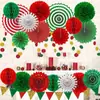 Decoración Navideña Transfronteriza Set de Abanicos de Papel Banderín Triangular Rojo y Verde Bola de Flor Cadena de Puntos Diseño de Fondo para Fiesta Navideña