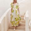 Saia de praia feminina transfronteiriça europeia e americana, vestido com decote em V profundo e peito aberto, estampado, bainha grande, saia longa elegante