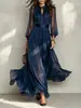 Moda europea y americana para mujer 2026, estilo popular transfronterizo, color liso, moderno, de malla, de encaje, con mangas abullonadas, vestido largo