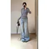 Jeans Flares de Cintura Baixa Estilo Americano Petite Azul Claro para Mulheres, Novidade de Outono Calças Retas Slim-Fit Comprimento Total