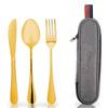 Amazon Acero Inoxidable Portátil Vajilla de 4 Piezas Set Cuchillo, Tenedor, Cuchara, Palillos, Vajilla de Viaje, Camping con Bolsa de Tela Dorado