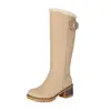 Sapatos Quentes de Algodão para Outono e Inverno com Fivela, Bico Redondo, Solado Grosso, Salto Alto Robusto, Zíper Lateral, Botas Longas Femininas Acima do Joelho, Botas de Neve