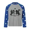 2026 Universo Independiente Retro Americano Estrella Montar a Caballo Manga Larga Raglán Bloque de Color Corte Holgado Versátil Casual Camiseta