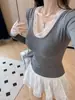 Camiseta interior térmica de encaje patchwork con cuello en V única para mujer, top elegante y cálido de manga larga ajustado para otoño e invierno