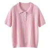Camisa polo clásica de punto de cachemira para mujer, manga corta, corte holgado, trenzado clásico, top versátil y juvenil de nuevo estilo