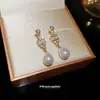 Pendientes de Plata Recubiertos de Oro Real de 18k con Aguja de Plata, Circonita, Perla en Forma de Gota de Agua, Pendientes de Lujo Ligero de Gama Alta, Pendientes Retro Versátiles para Mujer
