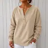 2026 Nueva Camiseta de Manga Larga de Pana con Cuello en V y un Botón para Mujer, Estilo Europeo y Americano Transfronterizo, Color Sólido Casual Holgado