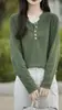 Camisa base de tricô versátil e simples 100% algodão para mulheres, blusa de tricô com gola V semiaberta de algodão puro, blusa fina de manga comprida de outono para mulheres