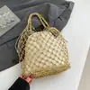 2026 Nova Bolsa de Malha Trançada Retrô Bolsa de Ombro Feminina Bolsa de Palha Trançada com Rede de Pesca Vazada Bolsa de Praia Bolsa de Mão