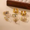 Anel Esmaltado Estilo Vintage com Gotejamento de Óleo, Coleção de Anéis Ajustáveis Artísticos Retrô Olho do Diabo Zircônia, Anel para Dedo Indicador Ins