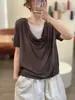 26 Primavera Nuevo Lino Lyocell Holgado Delgado Elegante Moda Casual Suéter de Punto Manga Corta para Mujer